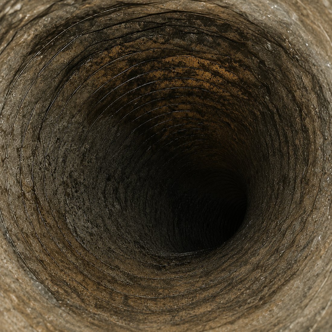 Dirty air duct with heavy dust buildup before professional cleaning